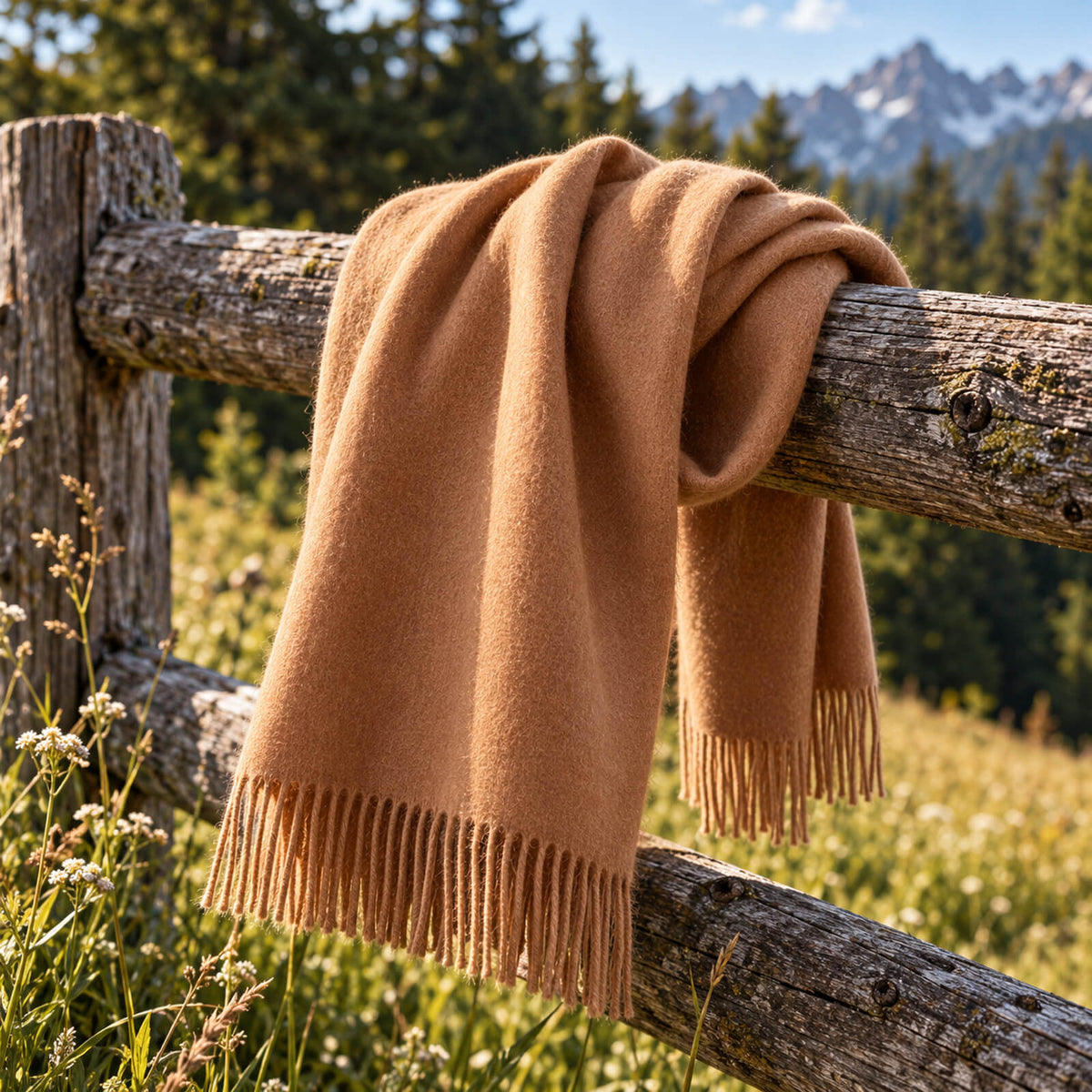 O eșarfă maro deschis, cu franjuri, așezată peste un gard rustic din lemn, cu ierburi sălbatice în prim-plan și pini și munți în fundal, într-o zi însorită.