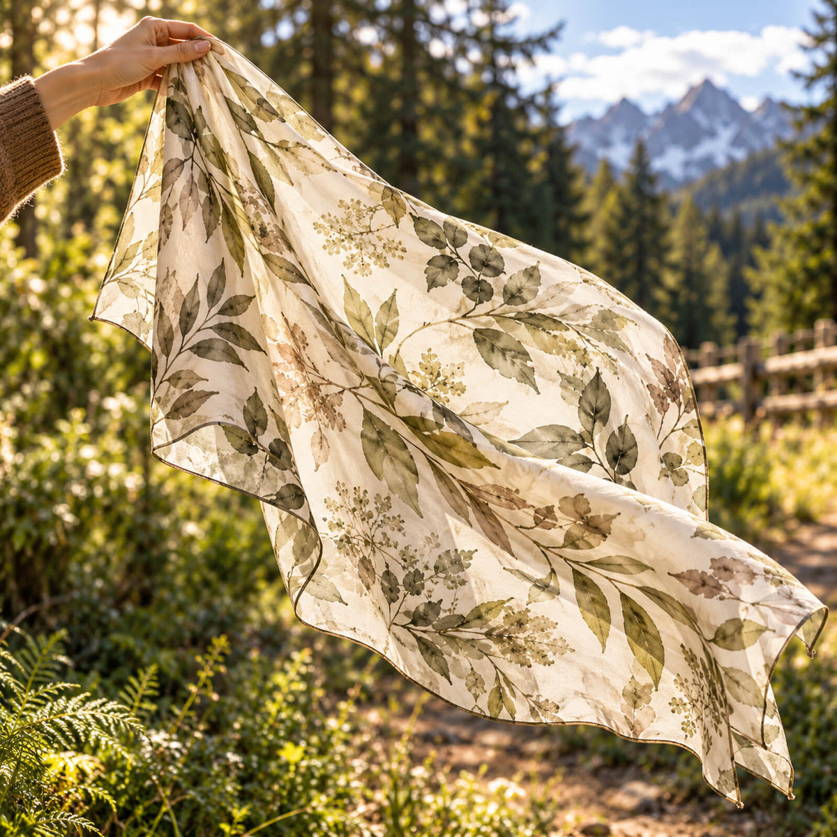 O mână ține în aer liber o eșarfă cu motive florale deschise la culoare, prin care pătrunde lumina soarelui. În fundal se disting pini, un gard de lemn și munți îndepărtați.